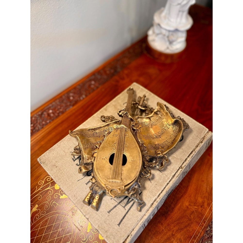 Vintage Brass Trinket Box • Cast Brass Mandolin & Sheet Music Design